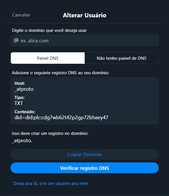 Passo 4: Copie o conteúdo, cole no site e clique em adicionar registro. Então no Bluesky coloque (nick).odmt.shop e clique em verificar registro DNS